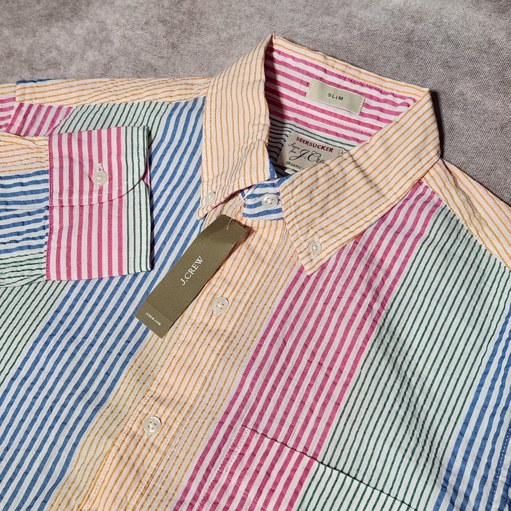 Men's J CREW Seersucker‎ Organic Cotton multi-color Stripes button up Slim sz S
